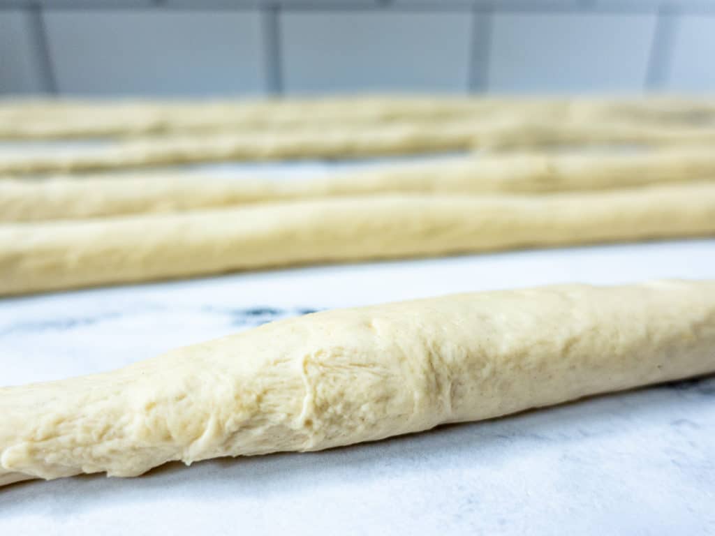 Sections of dough before braiding 