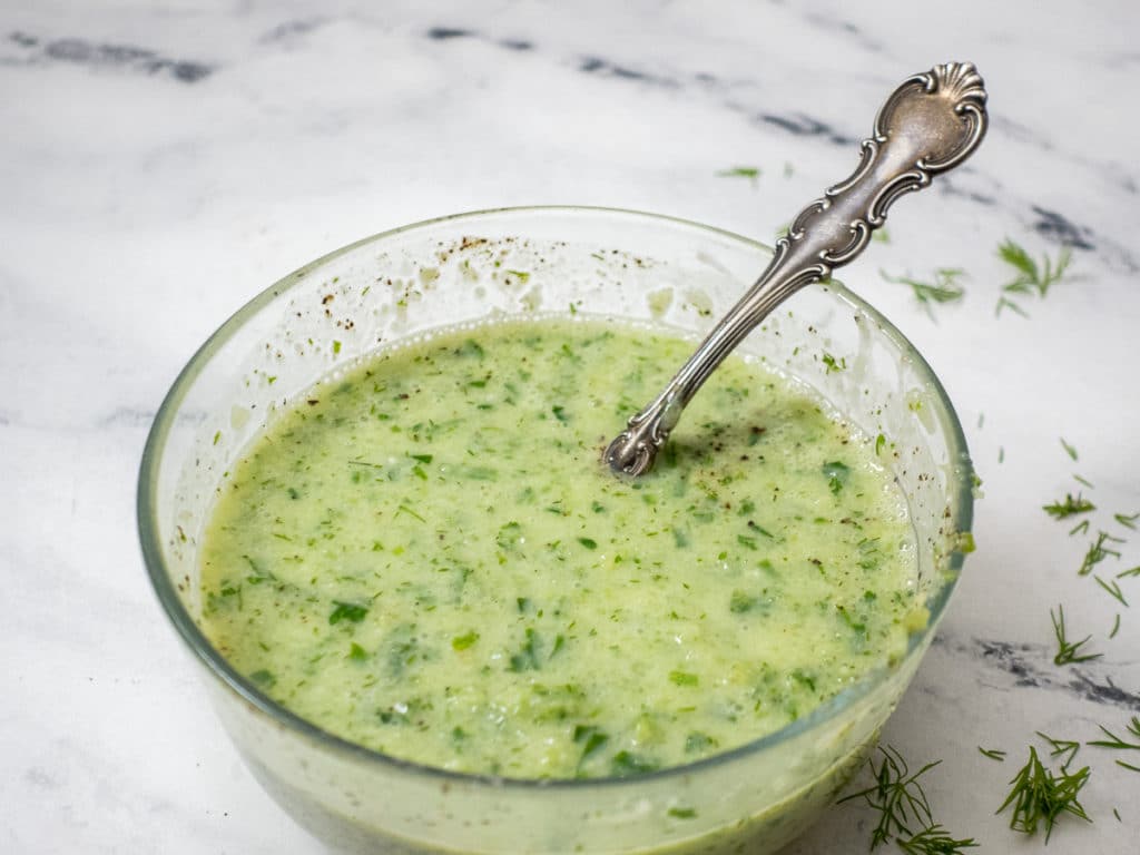 Bowl of vegan yogurt cilantro dressing 