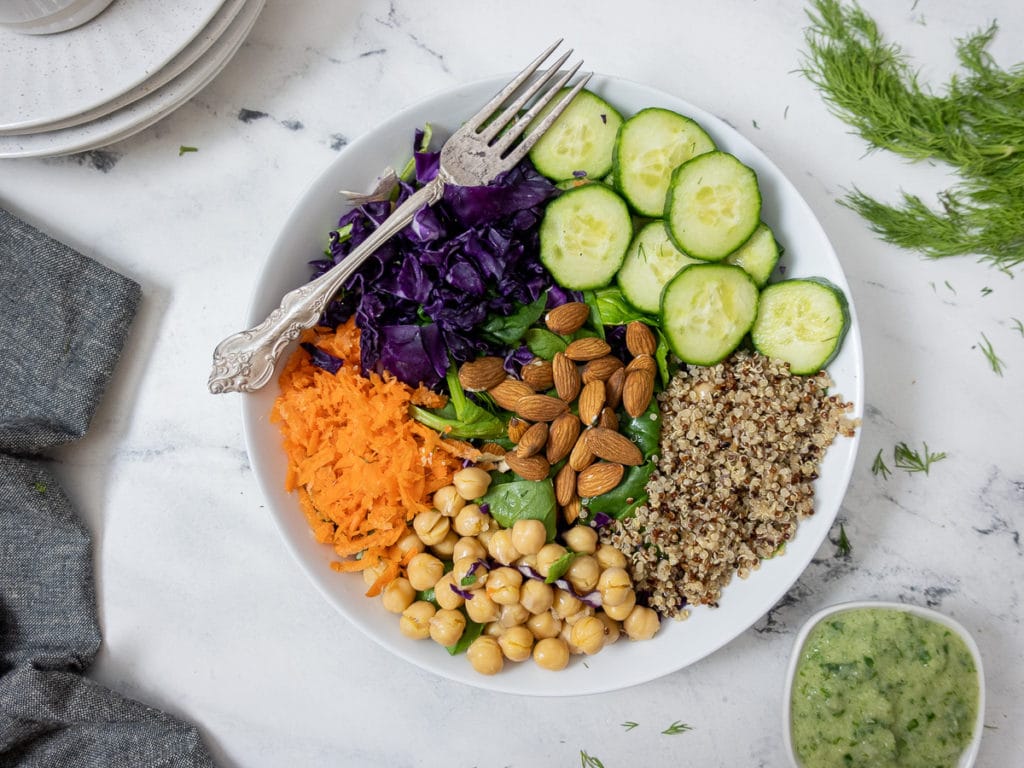 Fresh bowl of veggies and quinoa.