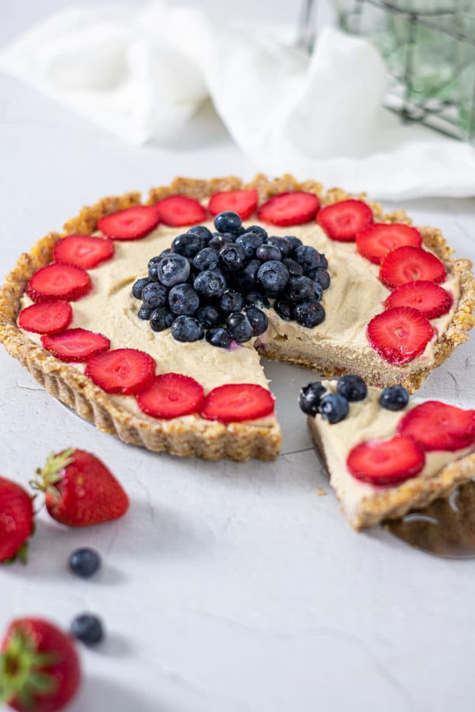 a festive red white and blue cashew cheesecake 