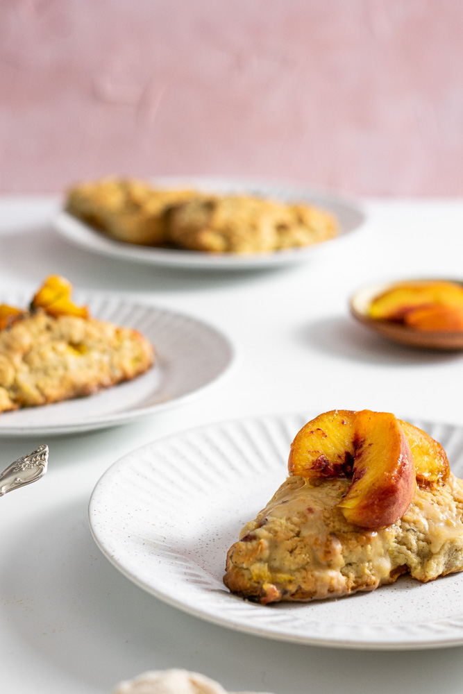 fresh peach scones with sliced peaches on top!