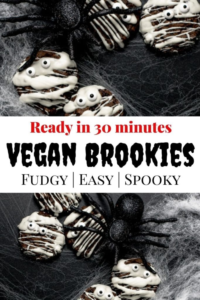 Pinterest pin for the vegan brookies with spiders and spooky mummy cookies 