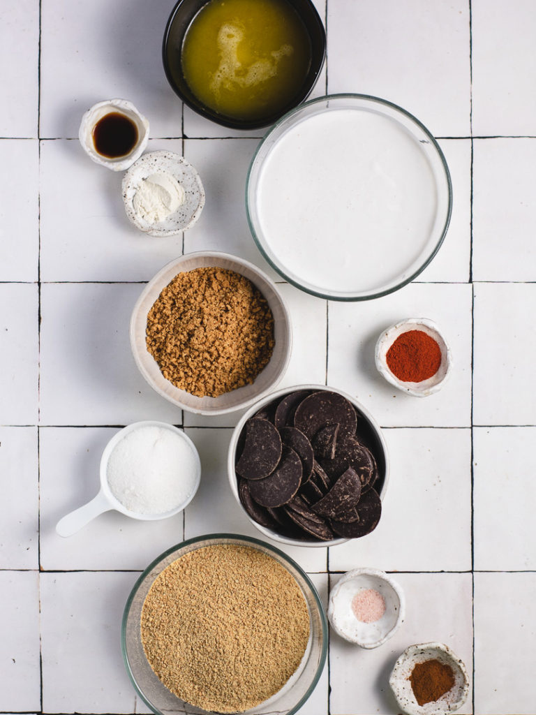 Ingredients to make mexican chilli chocolate tart.